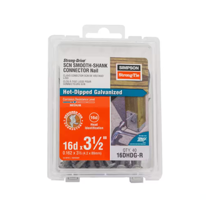 The Simpson Strong-Tie 40-Pack includes 3-1/2 in. x 0.162 in. Strong-Drive SCN Smooth-Shank Nails, hot-dip galvanized for medium corrosion resistance and featuring a label with an installed nail image.